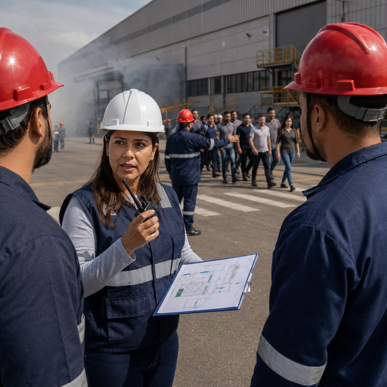 Coordenadora de emergência com rádio comunicador orientando brigadistas durante simulado de abandono em planta industrial.