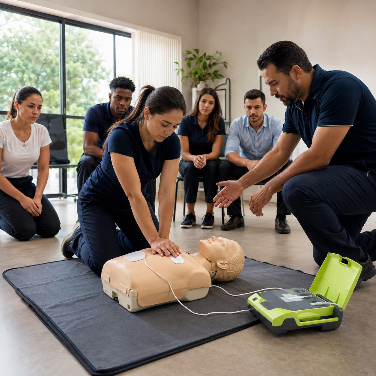 Treinamento prático de primeiros socorros com manequim de RCP e desfibrilador externo automático, acompanhado por instrutor.